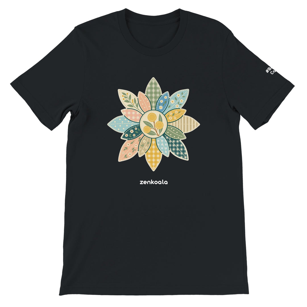 Wattle Mandala feel-good tee in black, Zen Koala Australia