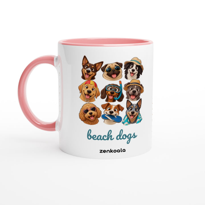 Beach Dogs mug in pink: white with a pink rim, inside and handle, Zen Koala Australia