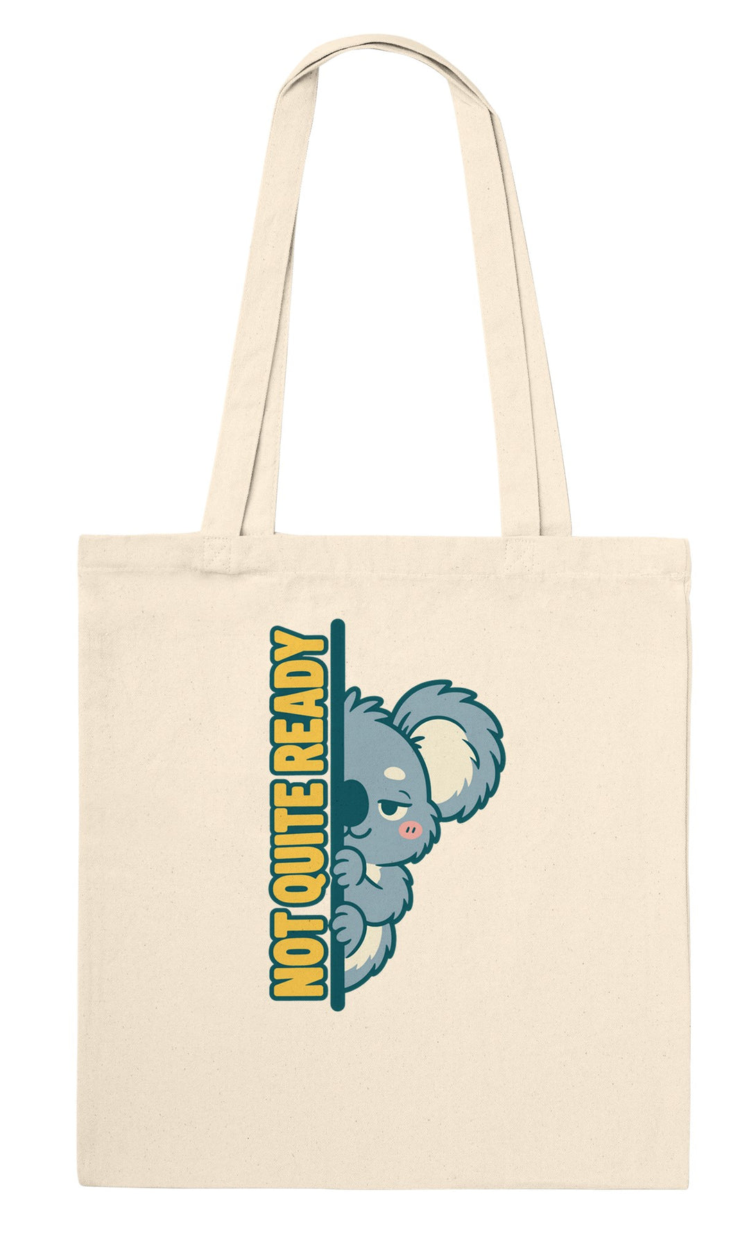Not Quite Ready feel-good tote bag in natural: a sleepy koala peeking round a doorway, Zen Koala Australia
