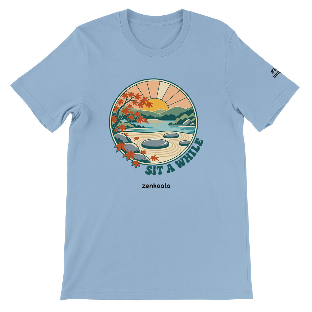 Zen Garden Sit a While feel-good tee in light blue, Zen Koala Australia