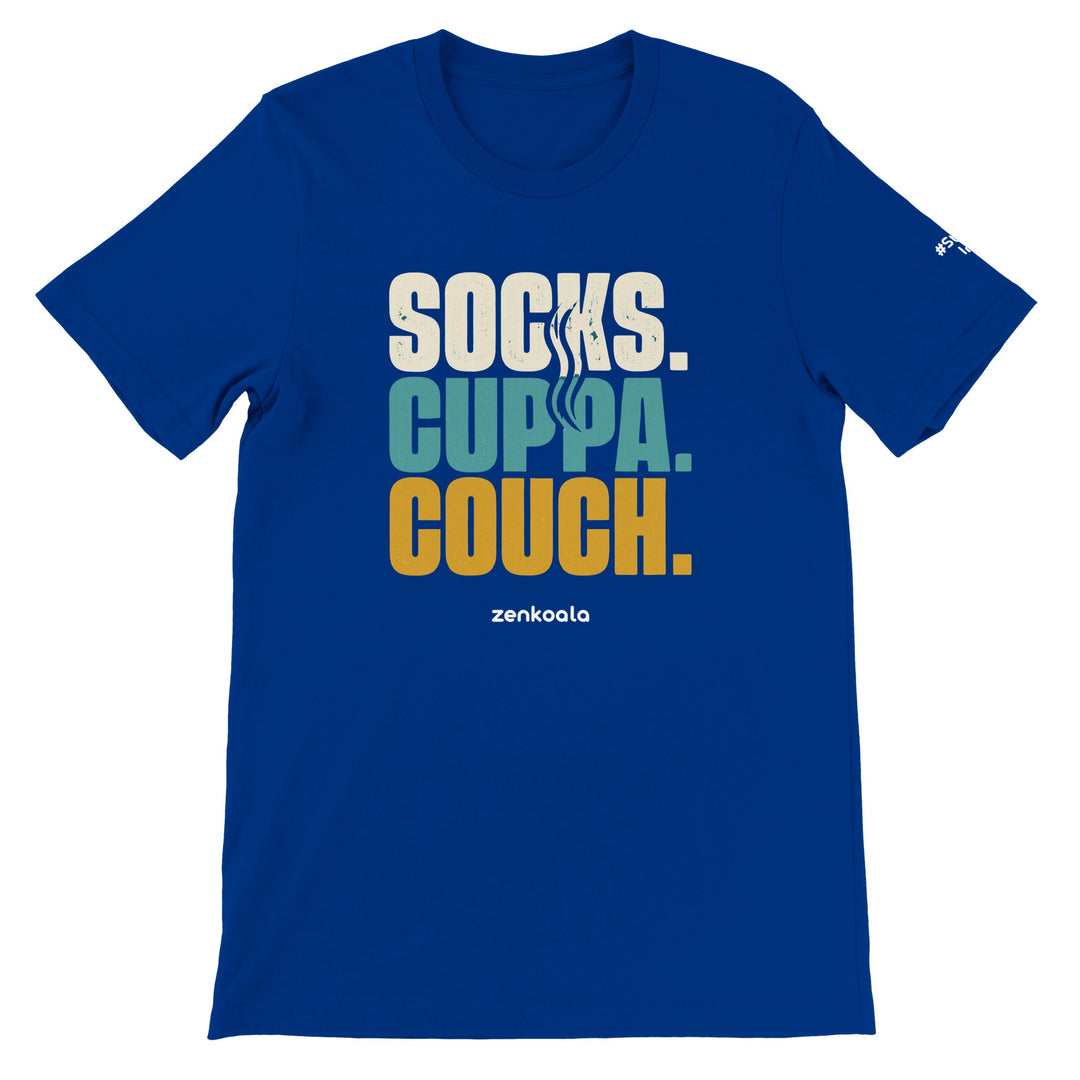 Socks Cuppa Couch feel-good tee in true royal, Zen Koala Australia