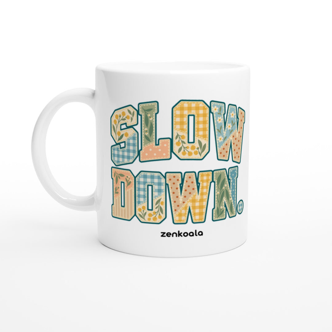 Slow Down Faux Patchwork mug in all white, Zen Koala Australia