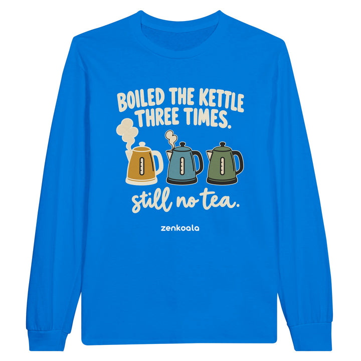 Boiled the Kettle Three Times feel-good long sleeve tee in royal: three retro kettles and still no tea, Zen Koala Australia
