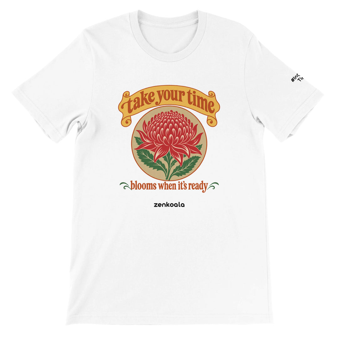 Take Your Time feel-good tee in white, Zen Koala Australia