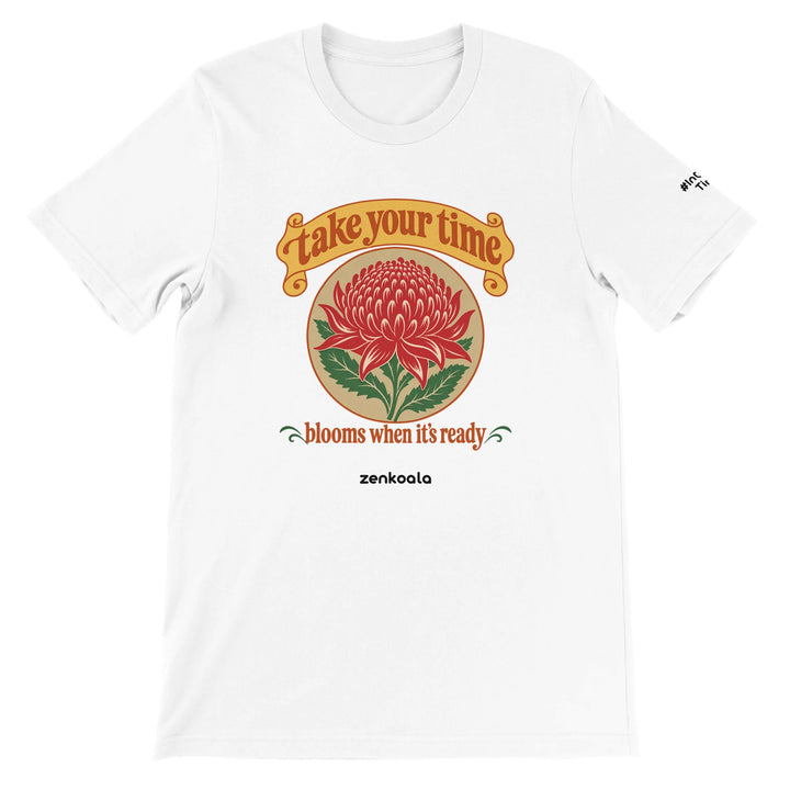 Take Your Time feel-good tee in white, Zen Koala Australia