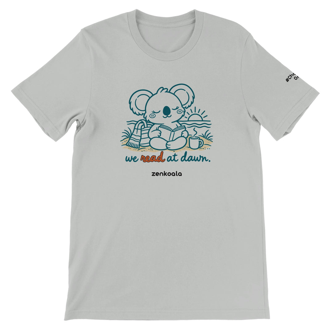 We Read at Dawn feel-good tee in silver, Zen Koala Australia
