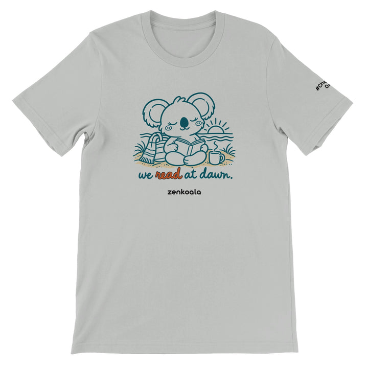 We Read at Dawn feel-good tee in silver, Zen Koala Australia