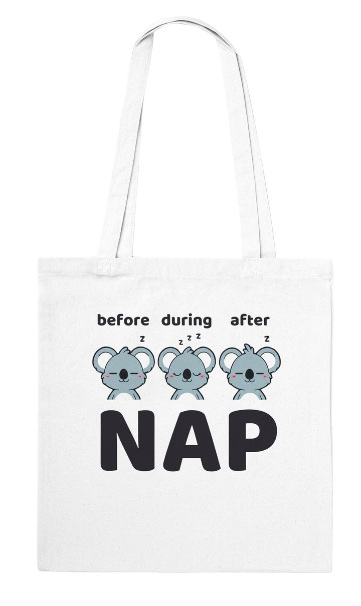 Before Nap Nap After Nap Koala feel-good tote bag in white, Zen Koala Australia