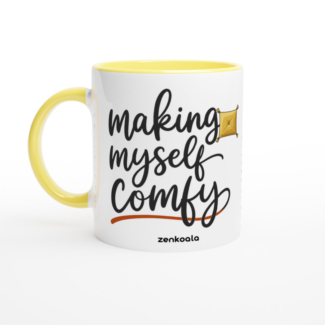 Making Myself Comfy mug in yellow: white with a yellow rim, inside and handle, Zen Koala Australia