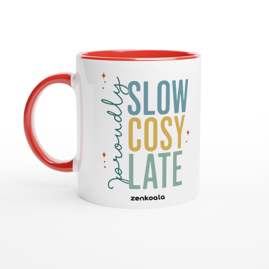 Proudly Slow Cosy Late mug in red: white with a red rim, inside and handle, Zen Koala Australia