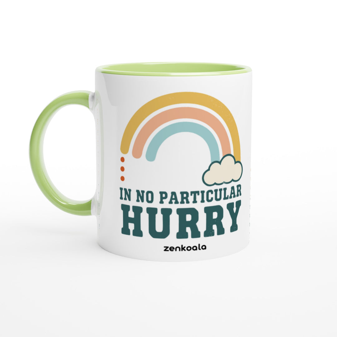 In No Particular Hurry mug in green: white with a green rim, inside and handle, Zen Koala Australia