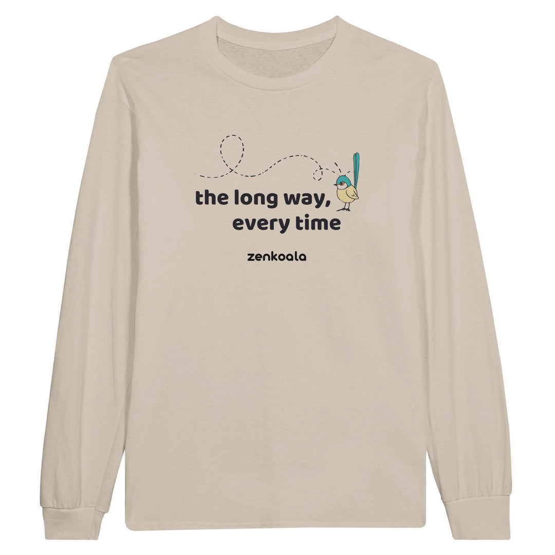 The Long Way Every Time feel-good long sleeve tee in sand, Zen Koala Australia