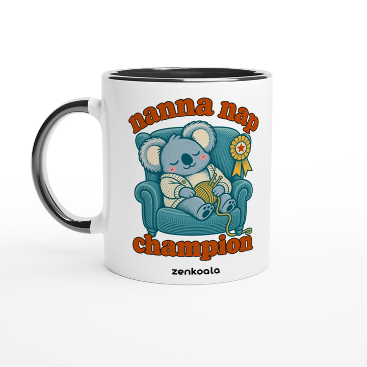 Nanna Nap Champion mug in black: white with a black rim, inside and handle, Zen Koala Australia