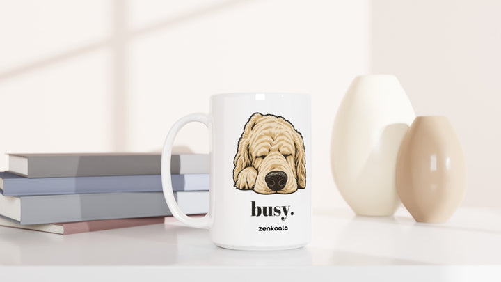 Busy 15oz mug beside books and vases, Zen Koala Australia