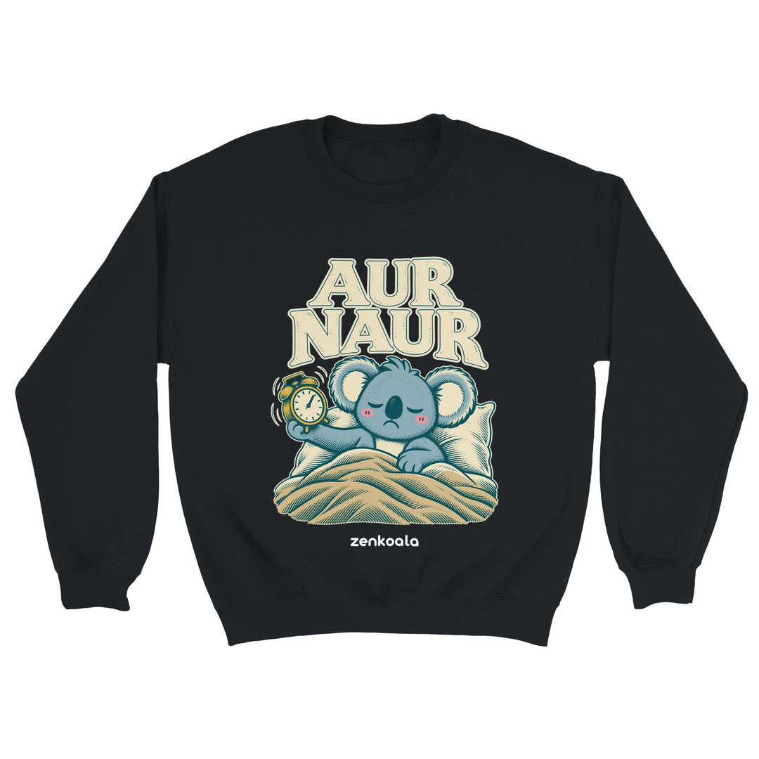 Aur Naur feel-good sweatshirt in black: a betrayed koala holding a ringing alarm clock, Zen Koala Australia