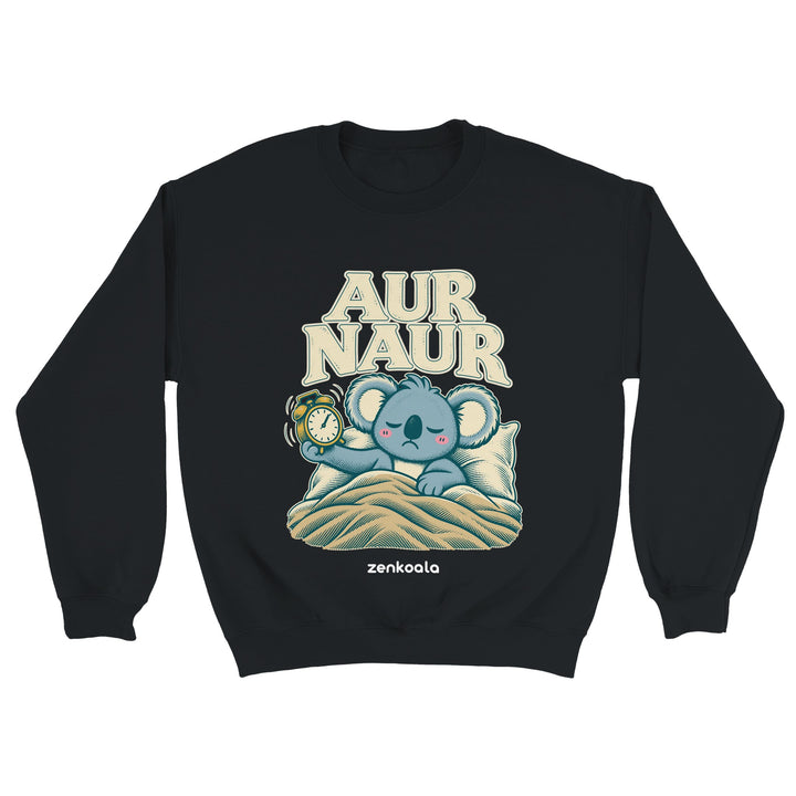 Aur Naur feel-good sweatshirt in black: a betrayed koala holding a ringing alarm clock, Zen Koala Australia