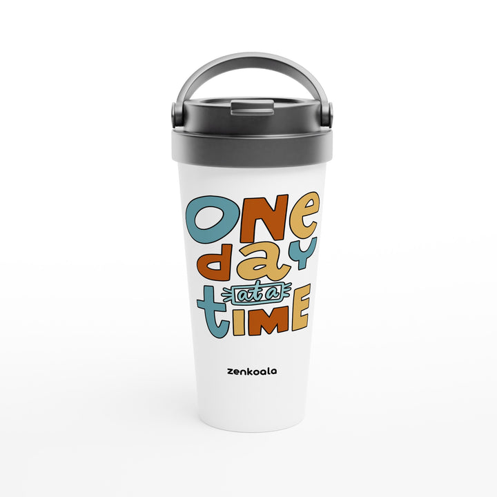 One Day at a Time feel-good travel mug: bright retro letters, one day at a time, Zen Koala Australia