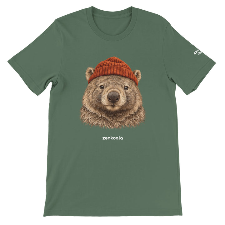 Wombat Beanie feel-good tee in military green, Zen Koala Australia
