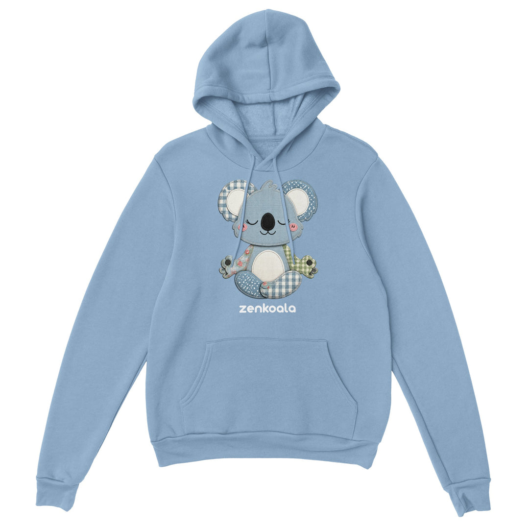Faux Patchwork Meditating Koala feel-good hoodie in Light Blue — Zen Koala Australia