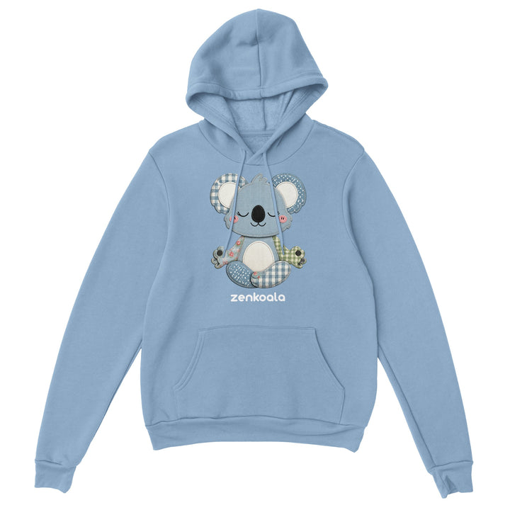 Faux Patchwork Meditating Koala feel-good hoodie in Light Blue — Zen Koala Australia