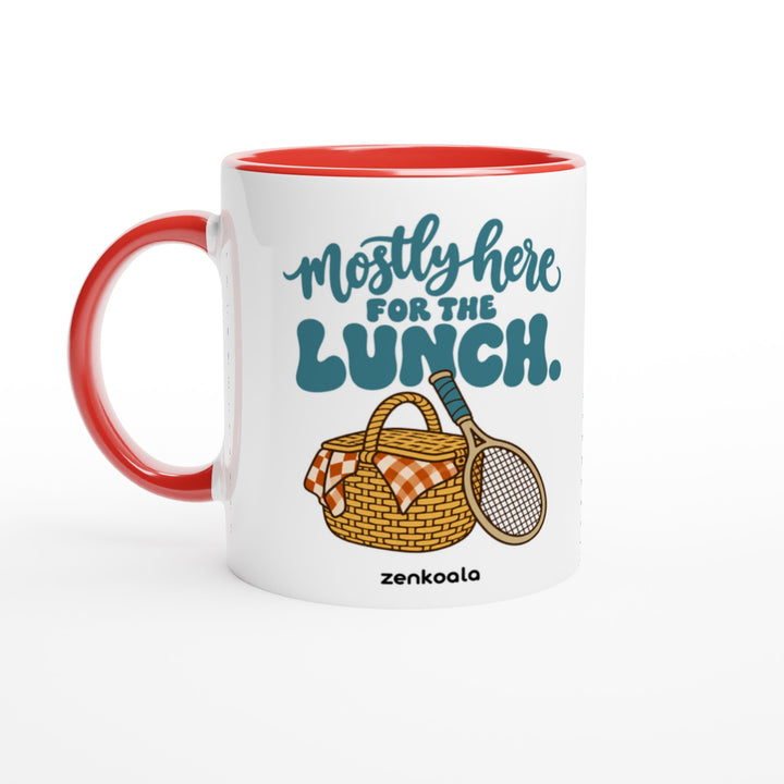 Mostly Here for the Lunch mug in red: white with a red rim, inside and handle, Zen Koala Australia