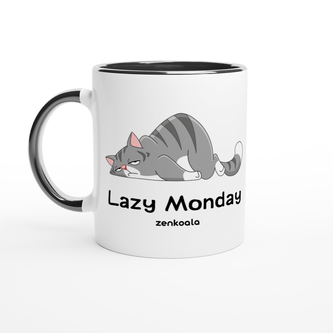 Lazy Monday mug in black: white with a black rim, inside and handle, Zen Koala Australia