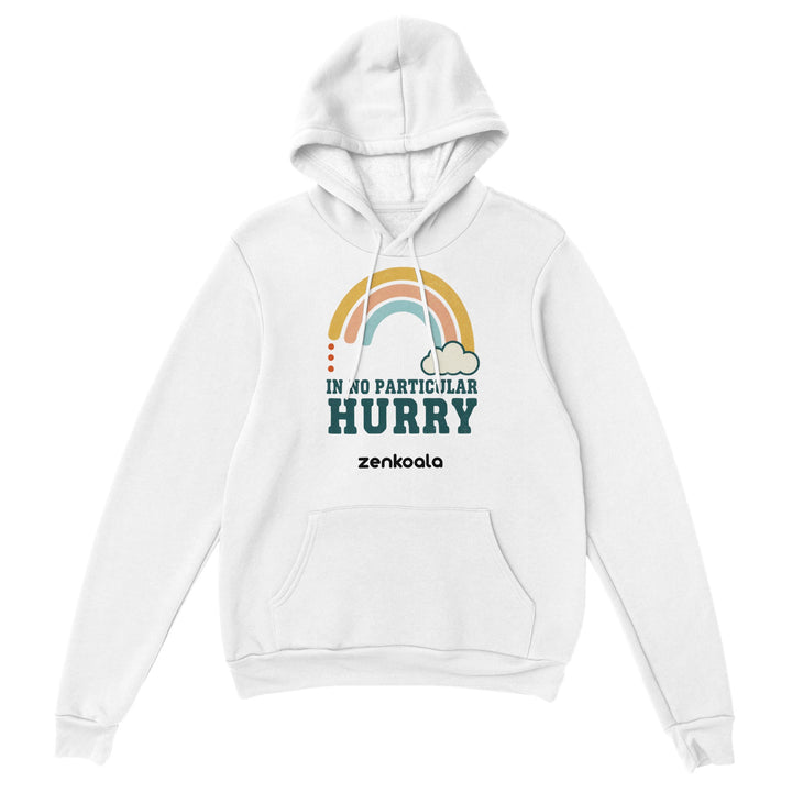 In No Particular Hurry feel-good hoodie in White — a retro pastel rainbow and cloud, Zen Koala Australia