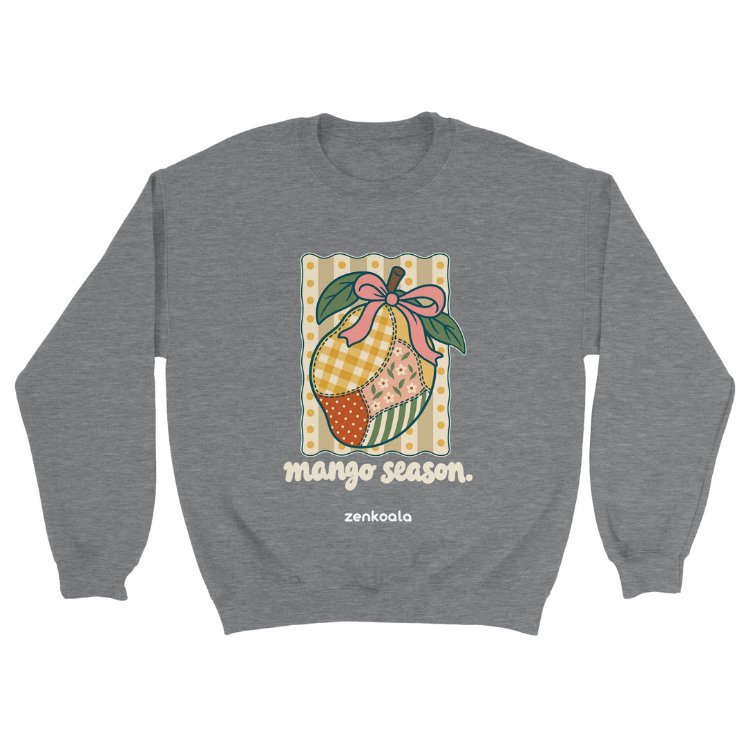 Mango Season feel-good sweatshirt in sport grey: a faux patchwork mango, Zen Koala Australia