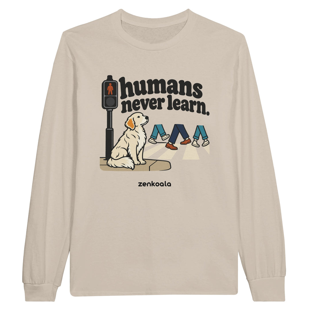 Humans Never Learn feel-good long sleeve tee in sand, Zen Koala Australia