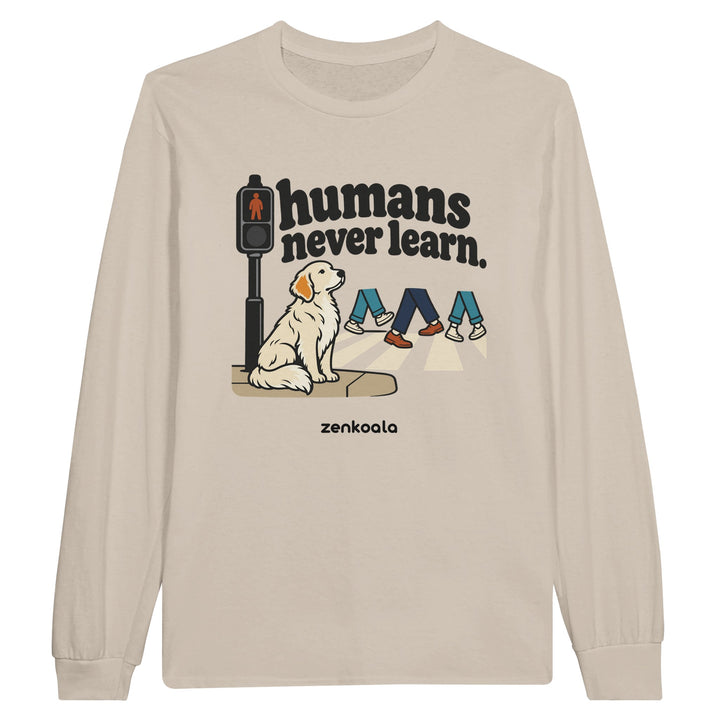 Humans Never Learn feel-good long sleeve tee in sand, Zen Koala Australia