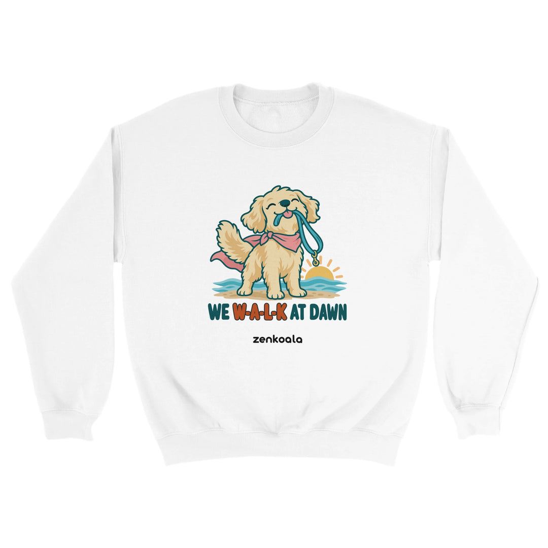 We Walk at Dawn feel-good sweatshirt in white, Zen Koala Australia