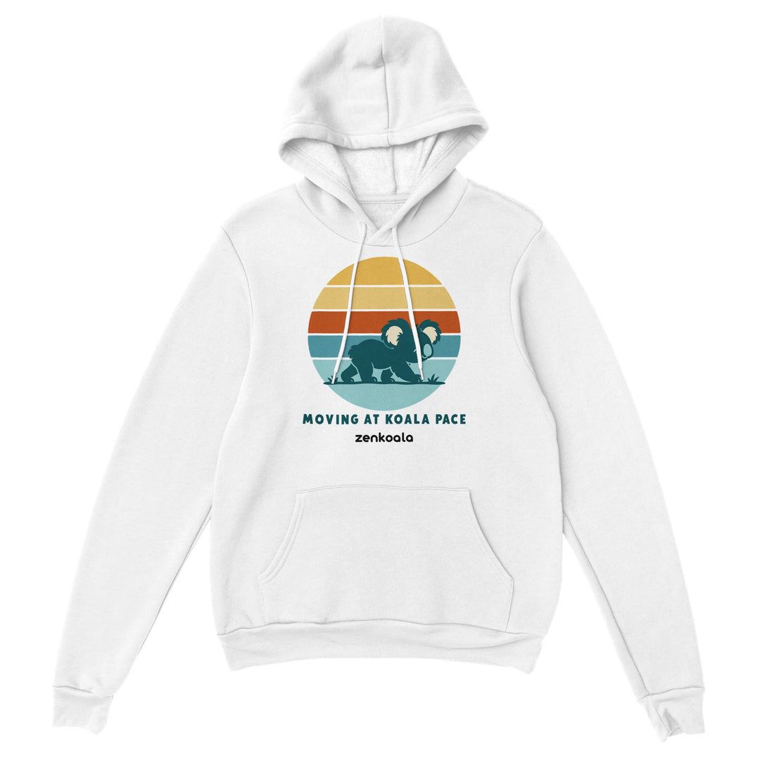 Moving at Koala Pace feel-good hoodie in white, Zen Koala Australia