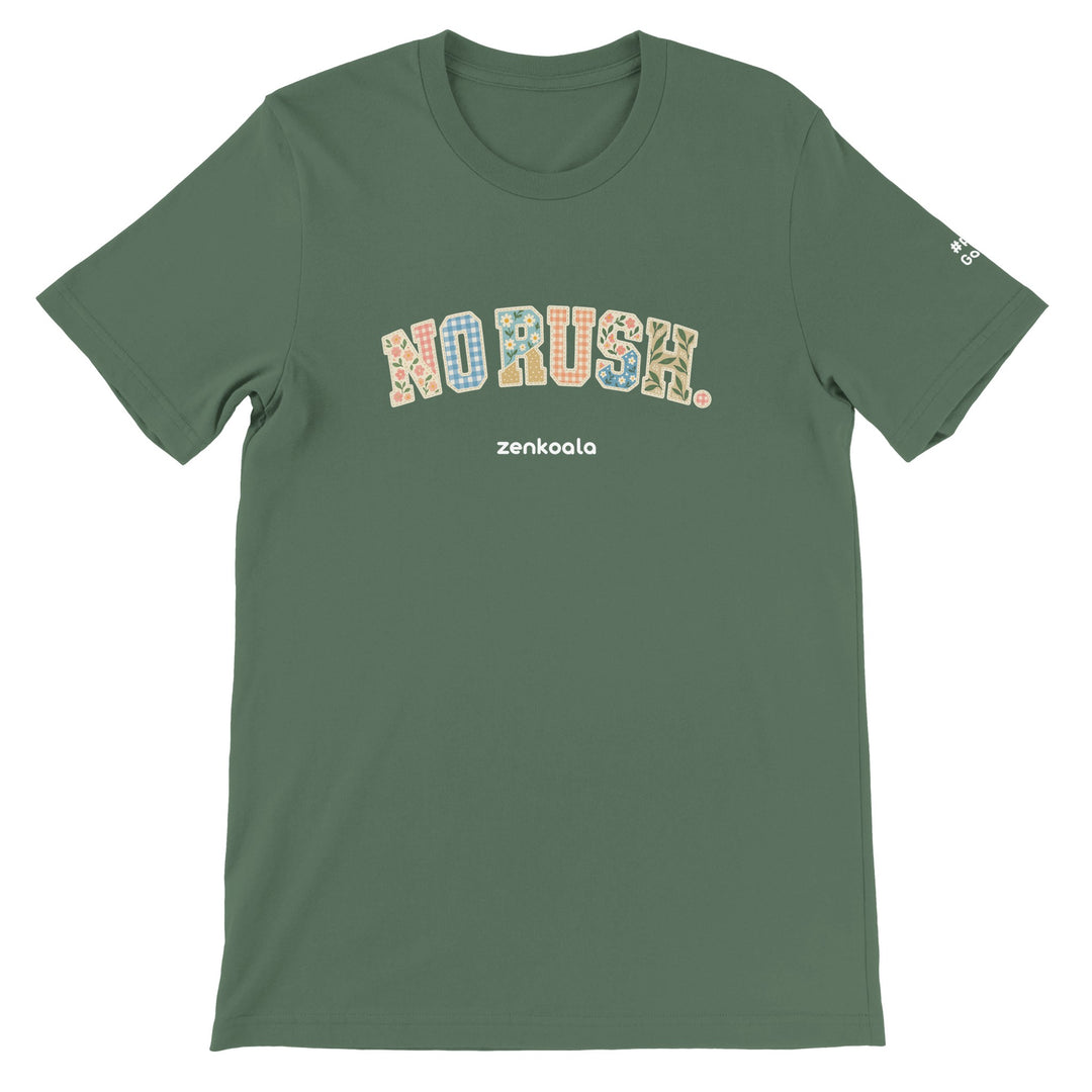No Rush Faux Patchwork feel-good tee in military green, Zen Koala Australia