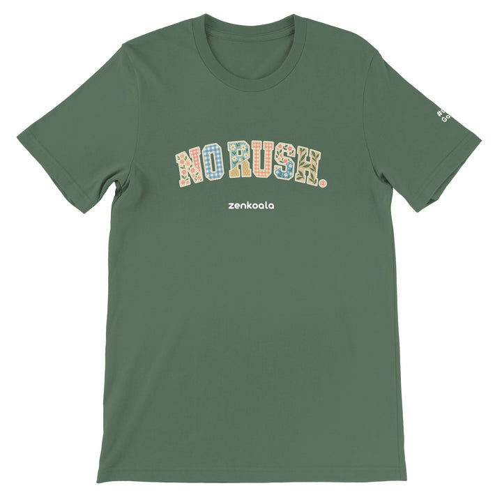 No Rush Faux Patchwork feel-good tee in military green, Zen Koala Australia