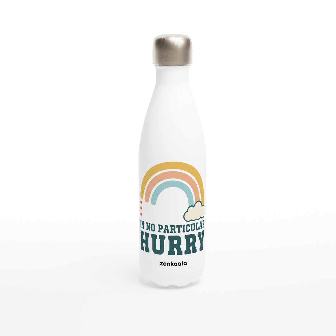In No Particular Hurry feel-good water bottle: a soft retro rainbow and a fluffy cloud, Zen Koala Australia