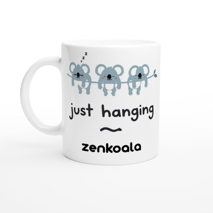 Just Hanging feel-good mug — three sleepy koalas on a branch, Zen Koala Australia