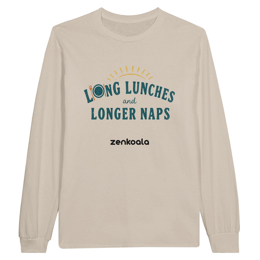 Long Lunches and Longer Naps long sleeve tee in sand — Zen Koala Australia