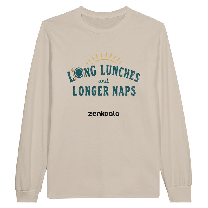 Long Lunches and Longer Naps long sleeve tee in sand — Zen Koala Australia