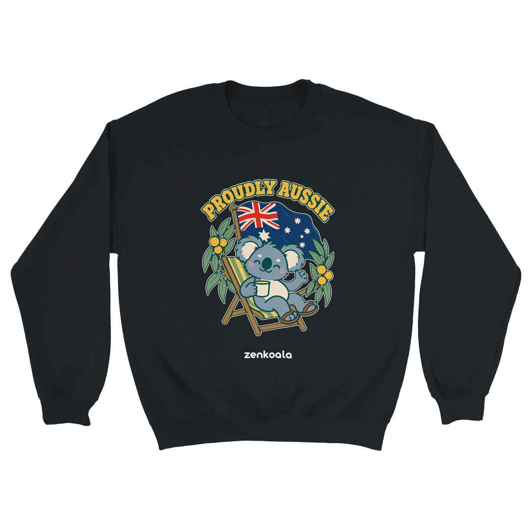 Proudly Aussie feel-good sweatshirt in black, Zen Koala Australia