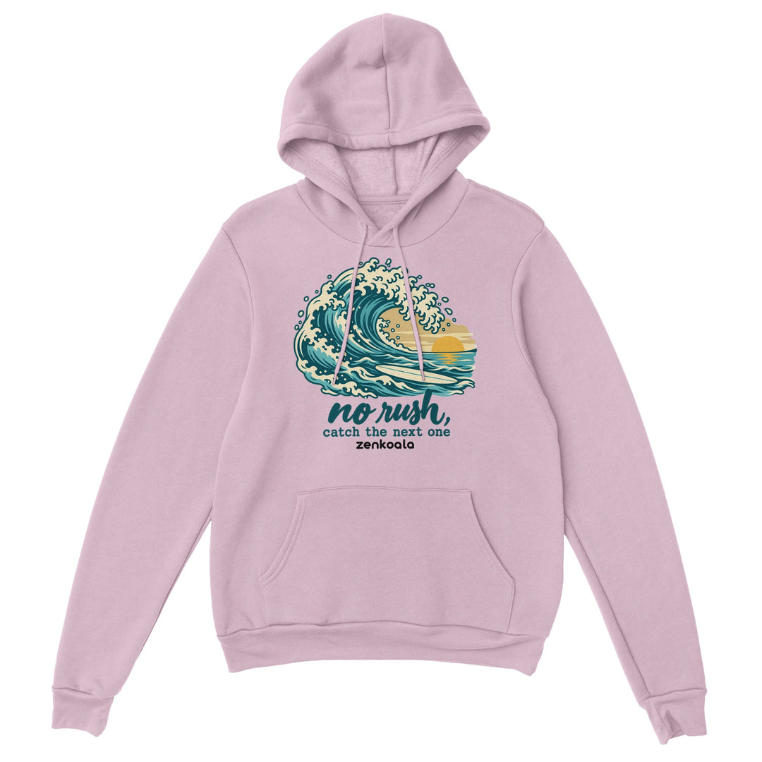 No Rush Catch the Next One feel-good hoodie in light pink, Zen Koala Australia