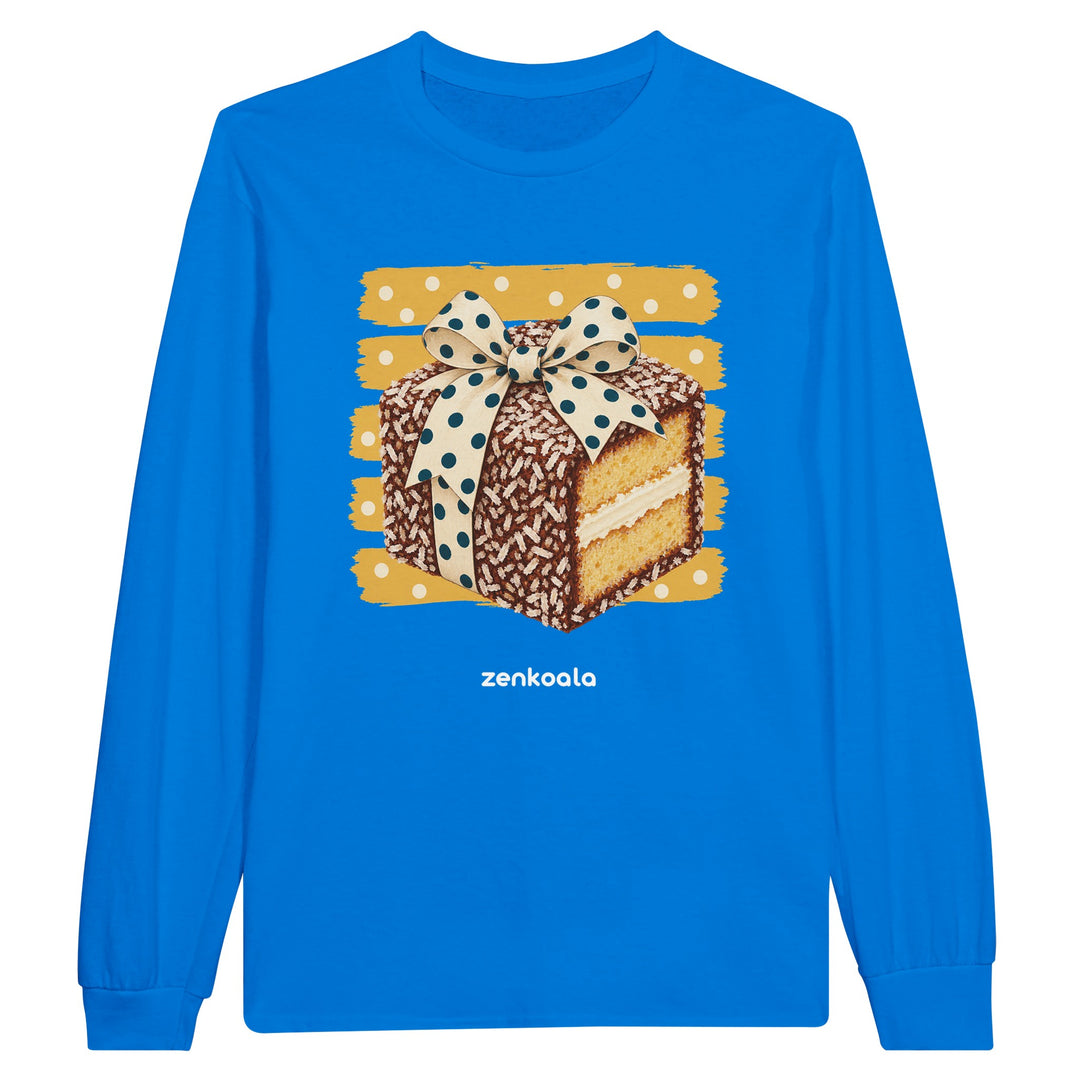 Lamington feel-good long sleeve tee in royal: a lamington with a bow, Zen Koala Australia