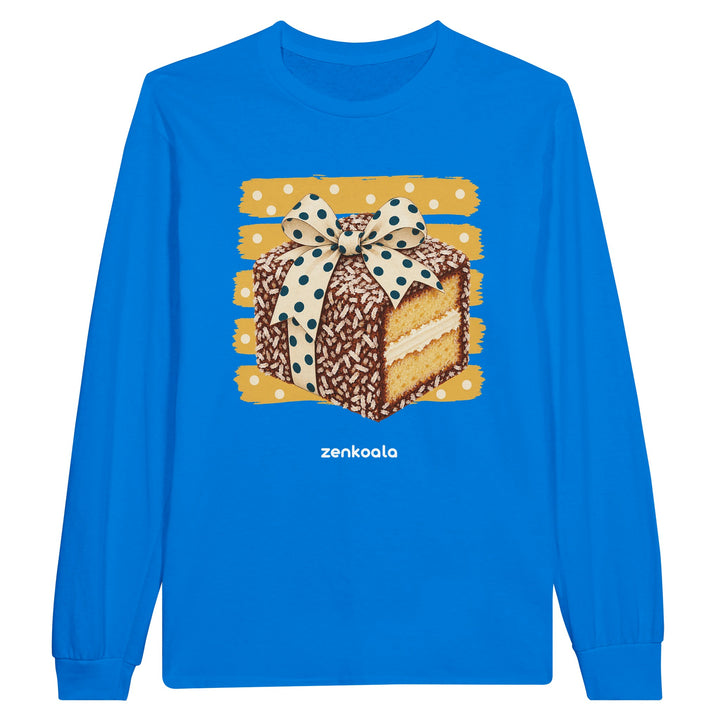 Lamington feel-good long sleeve tee in royal: a lamington with a bow, Zen Koala Australia