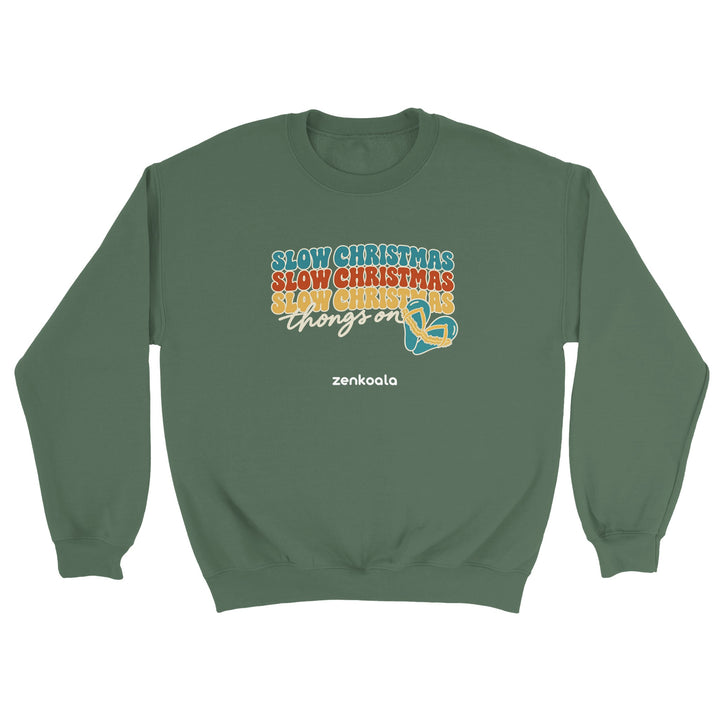 Slow Christmas Thongs On feel-good sweatshirt in military green, Zen Koala Australia