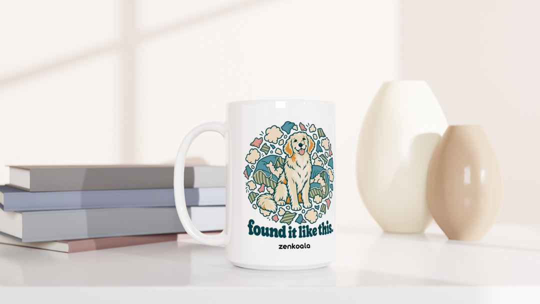 Found It Like This 15oz mug beside books and vases, Zen Koala Australia