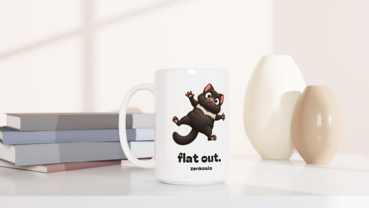 Flat Out 15oz mug beside books and vases, Zen Koala Australia