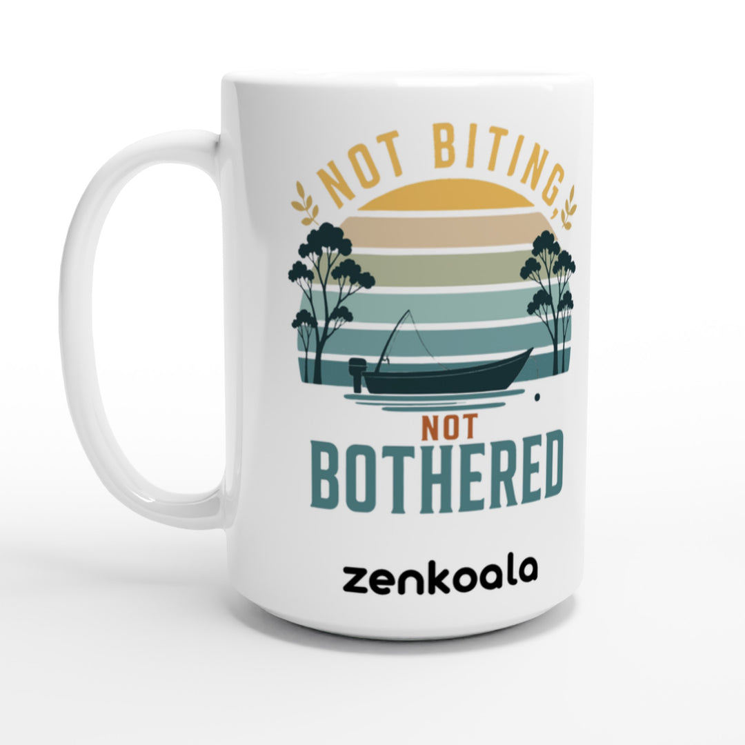 Not Biting Not Bothered feel-good 15oz mug: a tinnie on still water under a retro sunset, Zen Koala Australia
