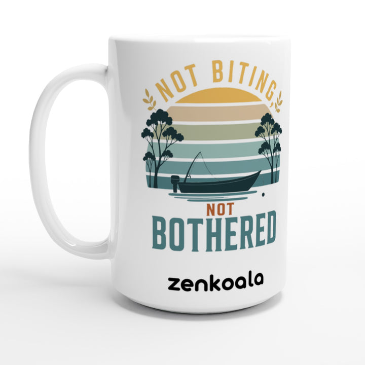 Not Biting Not Bothered feel-good 15oz mug: a tinnie on still water under a retro sunset, Zen Koala Australia