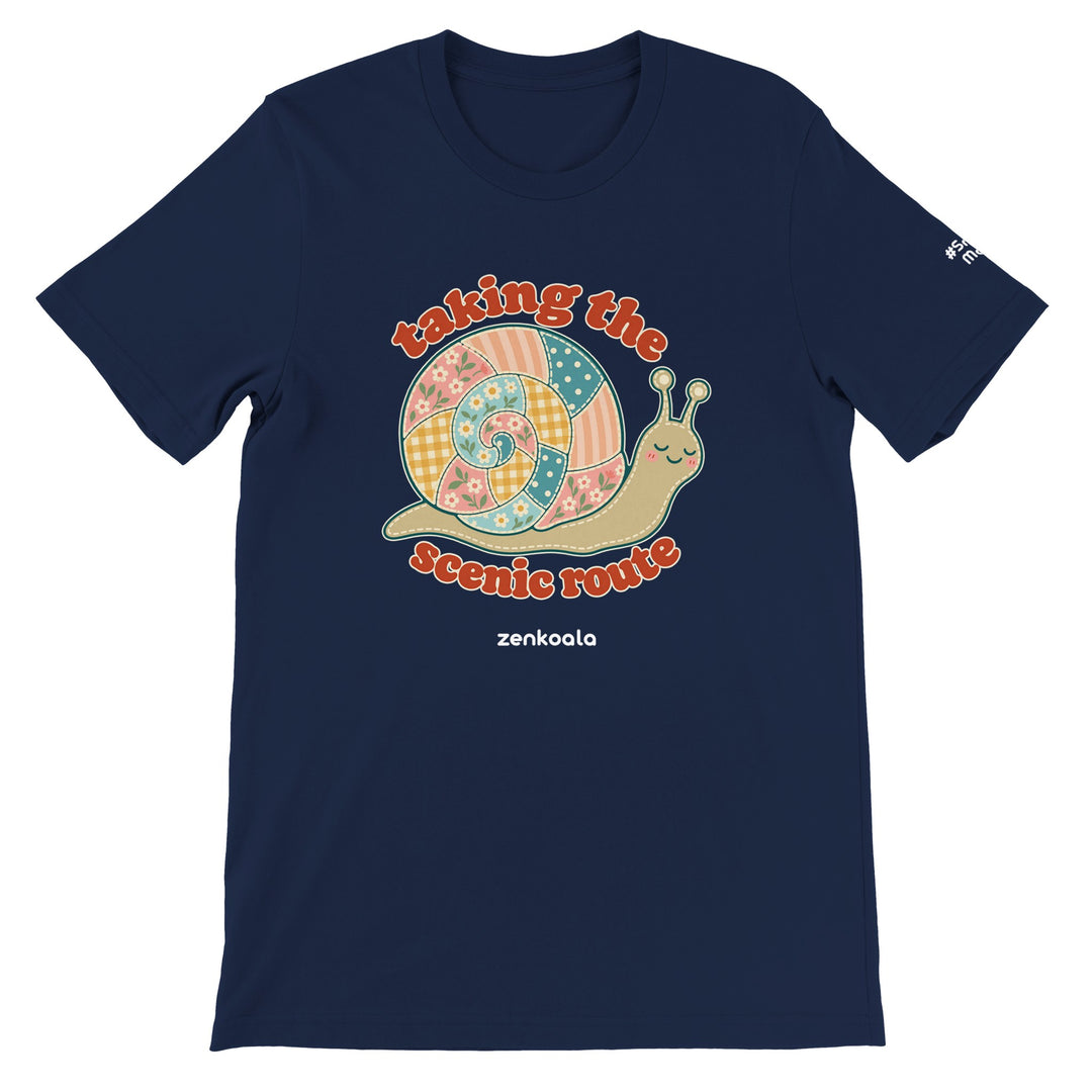 Taking the Scenic Route Snail feel-good tee in navy, Zen Koala Australia