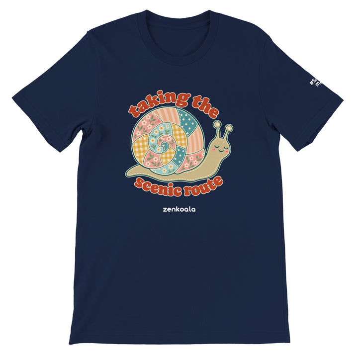 Taking the Scenic Route Snail feel-good tee in navy, Zen Koala Australia