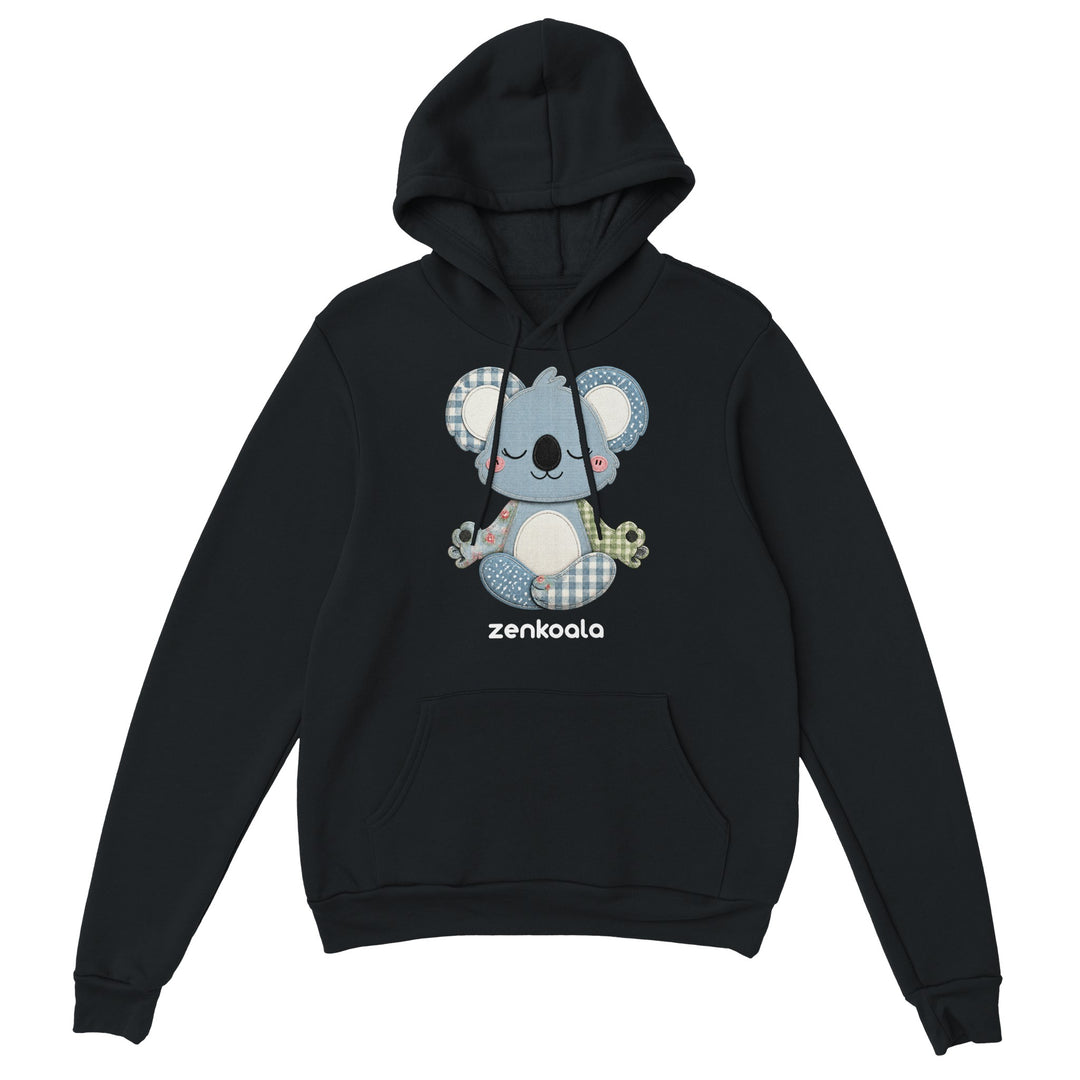 Faux Patchwork Meditating Koala feel-good hoodie in Black — Zen Koala Australia